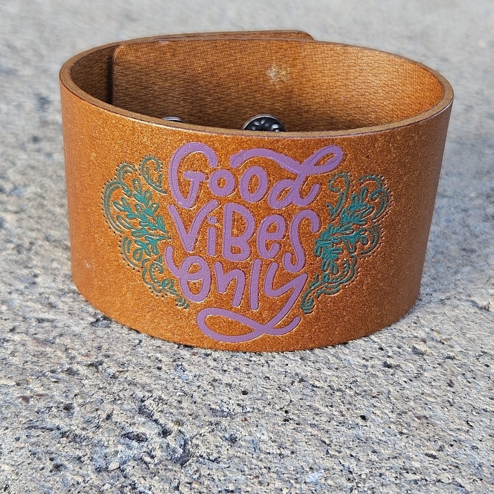Brown Leather Cuff Bracelet Good Vibes Only Quote Boho Inspirational
